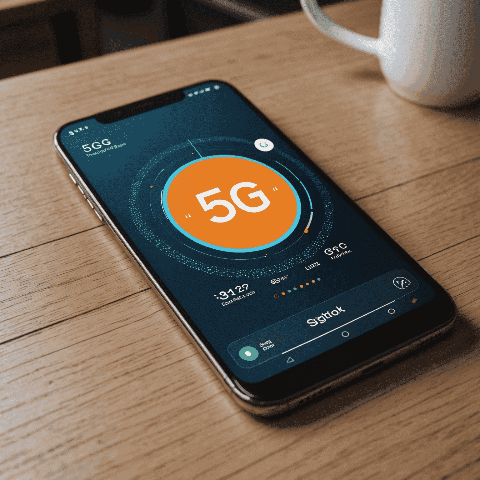 A modern smartphone displaying a 5G network icon and speed test results, showcasing ultra-fast download and upload speeds