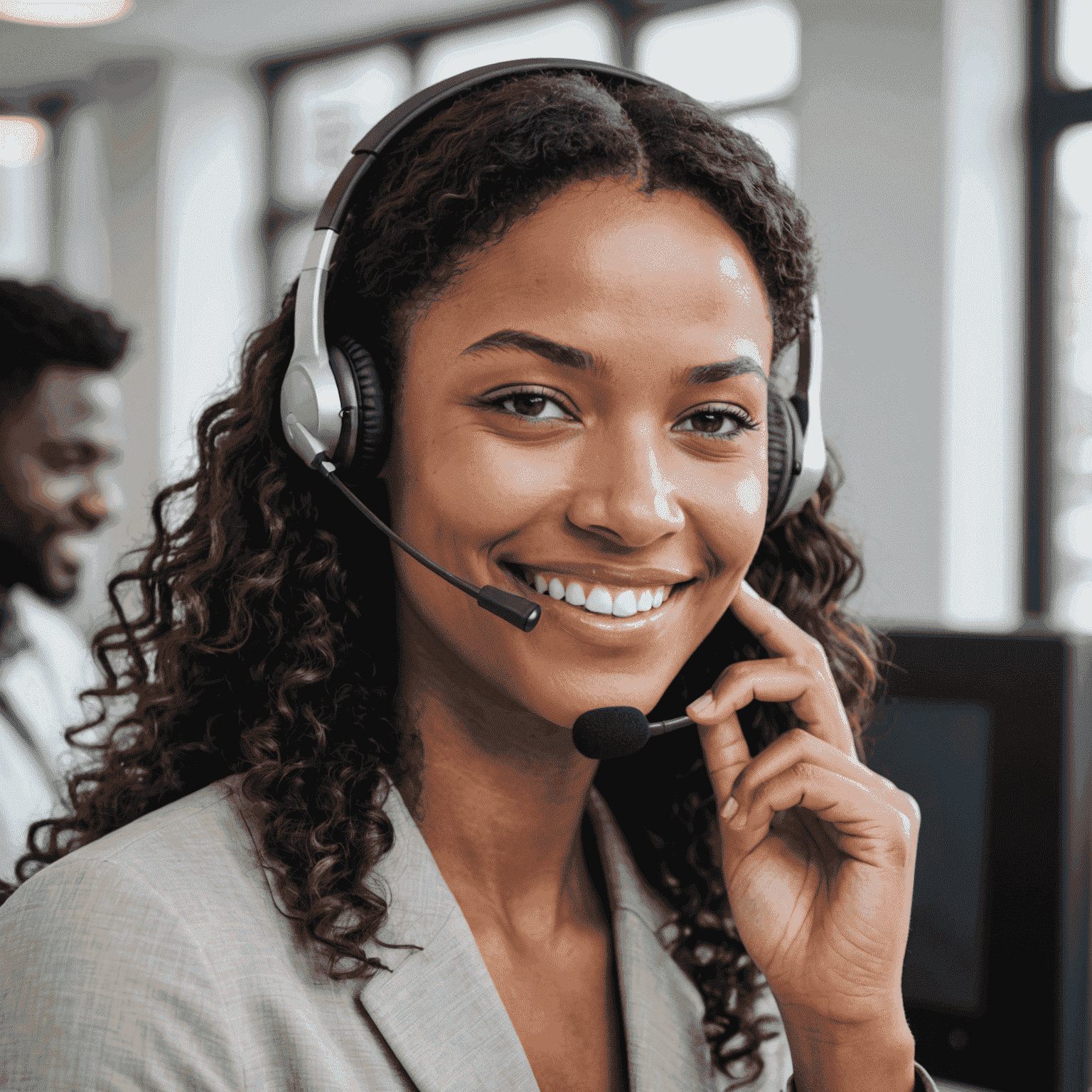 Customer support team members wearing headsets and smiling, ready to assist with mobile plan and top-up queries