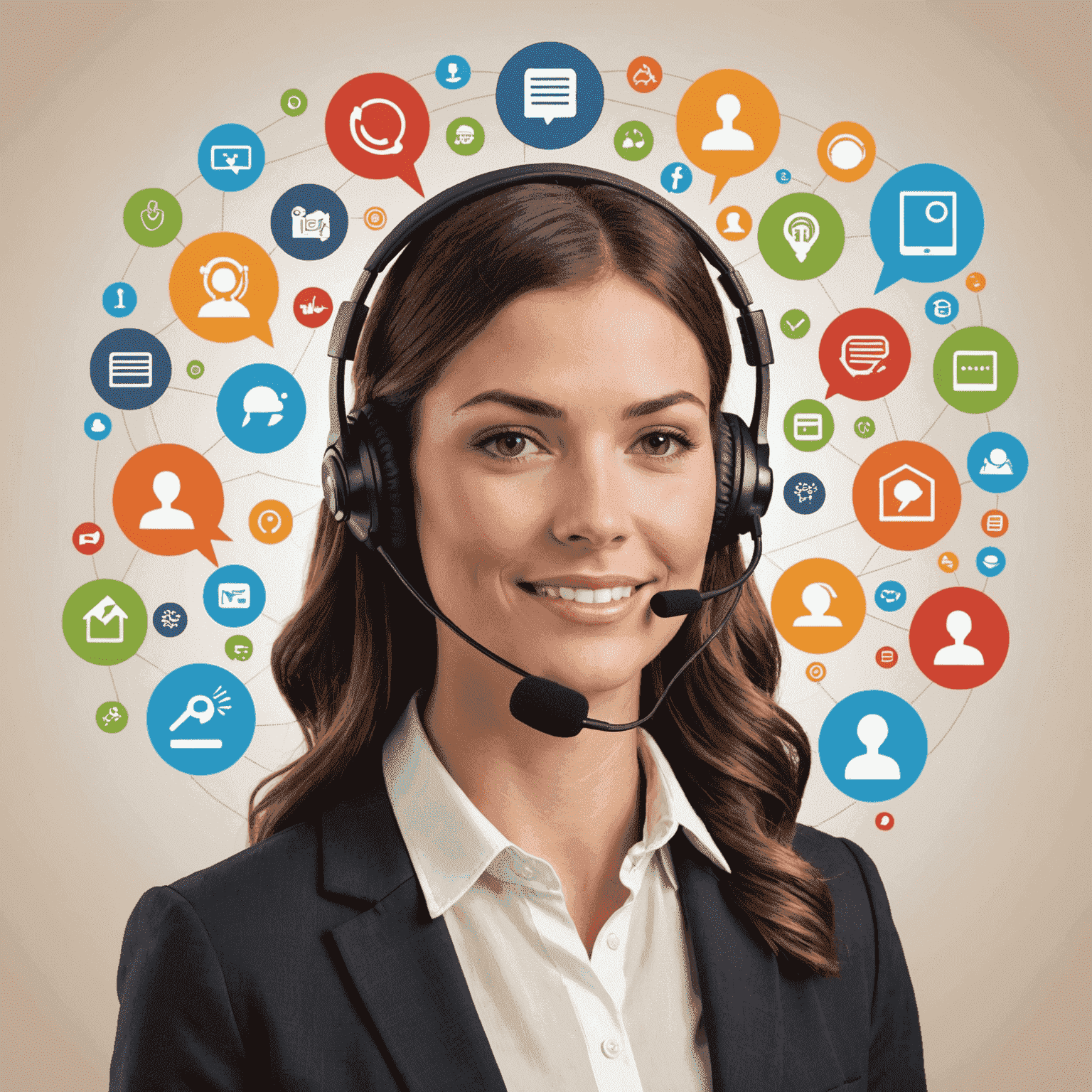 Customer service representative with headset, surrounded by communication icons